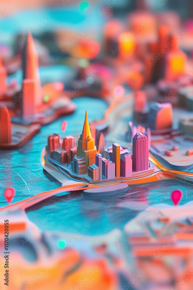 Poster a vibrant 3d map of tourist landmarks with gis pins and connection routes.