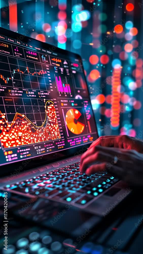 Poster analyzing financial data on a laptop surrounded by vibrant visualizations and graphs