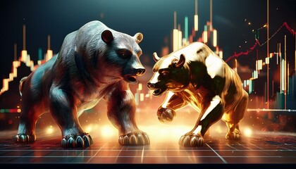 Trade sanction and stock market crisis concept. Bulls and bears representing market dynamics in a vibrant digital scene.