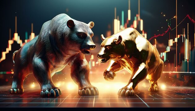 Trade sanction and stock market crisis concept. Bulls and bears representing market dynamics in a vibrant digital scene.