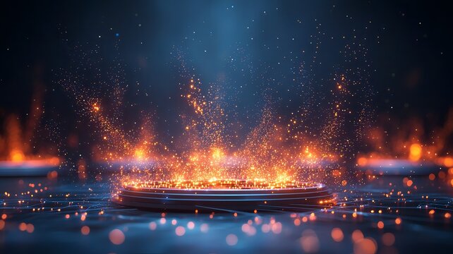 Dynamic rendering of a quantum annealing system solving complex optimization problems surrounded by a glowing particle cloud and leaving copy space at the bottom right for text overlay