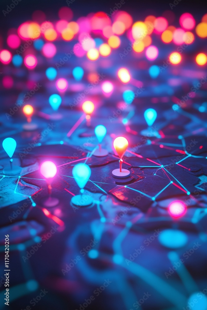 Aufkleber a vibrant 3d map with glowing location pins connected by neon network lines on a dark background.