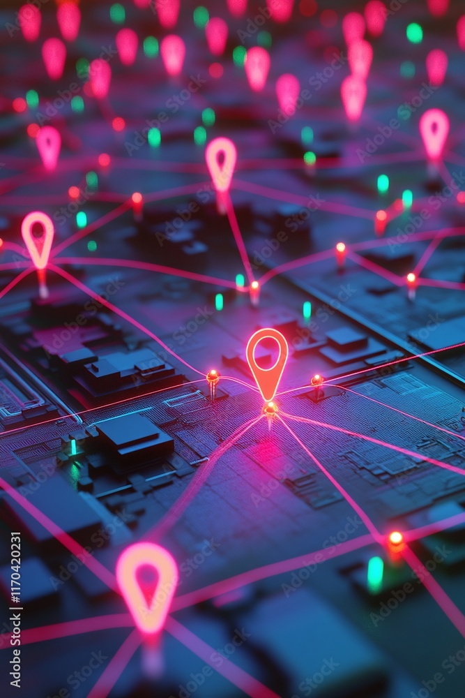 Aufkleber a vibrant 3d map with glowing location pins connected by neon network lines on a dark background.