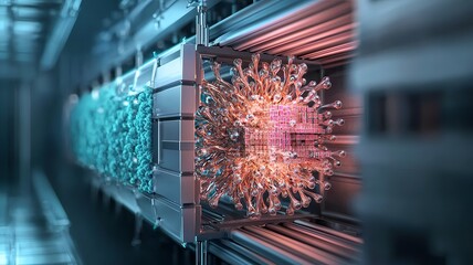 Visualization of quantum error correction codes being applied within a virtual twin of a quantum computing system leaving copy space on the top left for additional text or design elements