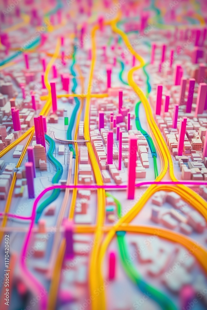 Poster a vibrant 3d urban planning map showing infrastructure gis data pathways.