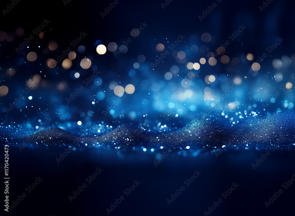 Poster dark blue, glittering landscape. shimmering particles form undulating waves of light, creating a mys