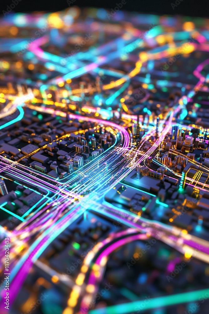 Poster a vibrant 3d urban planning map showing infrastructure gis data pathways.