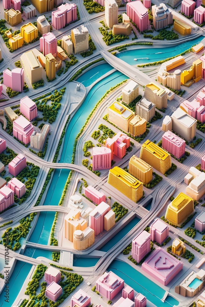 Poster a vibrant 3d urban planning map showing infrastructure gis data pathways.