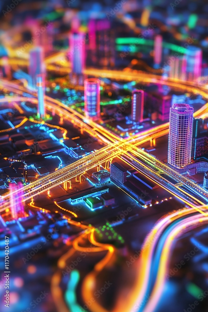 Poster a vibrant 3d urban planning map showing infrastructure gis data pathways.