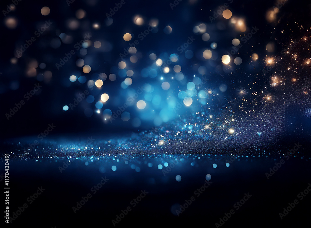Aufkleber dark blue background with shimmering, glowing particles and bokeh lights. a sense of depth is create