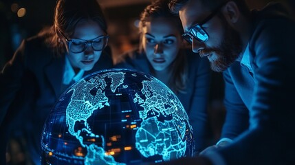 Team analyzes global data, night office, illuminated globe