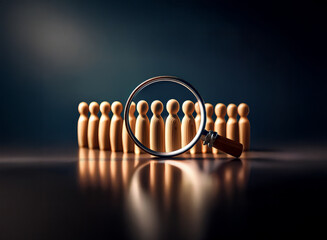 A magnifying glass focuses on a row of identical wooden figures, symbolizing the search for a specific individual within a group.  The dark background emphasizes the selection process.