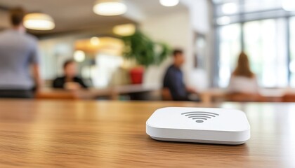 Wireless payment device on table, cafe background