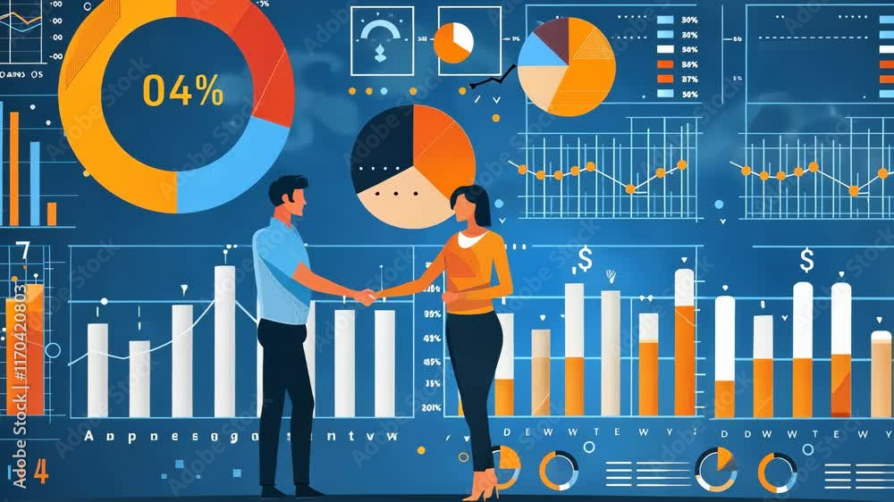 Poster business professionals discussing data analysis in a modern office environment with various charts a