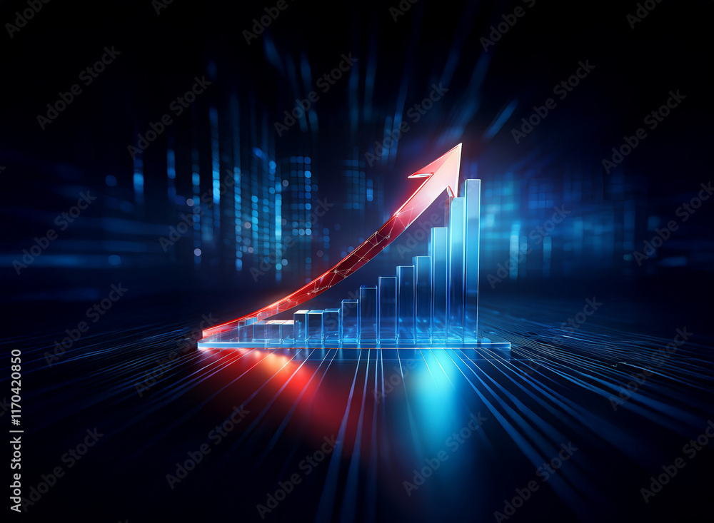 Poster A glowing red arrow ascends a bar graph, symbolizing rapid growth and technological advancement within a futuristic digital landscape.  The scene is dark, emphasizing the dynamic progress.
