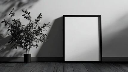 simple black and white frame mockup on modern wooden floor