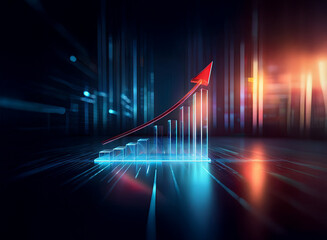A glowing bar graph with a red arrow ascends, symbolizing growth and progress in a futuristic, neon-lit cityscape.  The image conveys technological advancement and economic prosperity.