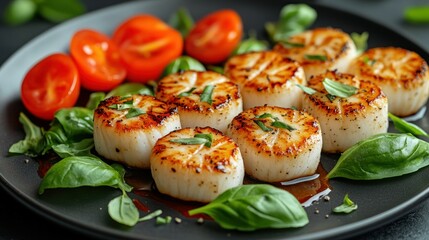 Grilled scallops with cherry tomatoes and basil garnish.