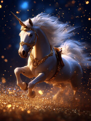 Obraz premium A majestic unicorn bursts forth from a cascade of sparkling golden light, embodying the essence of magic and wonder in a mesmerizing dance with its flowing mane and regal adornments.