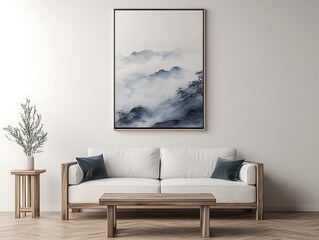 framed wall art mockup on bare wall with minimalist vibe