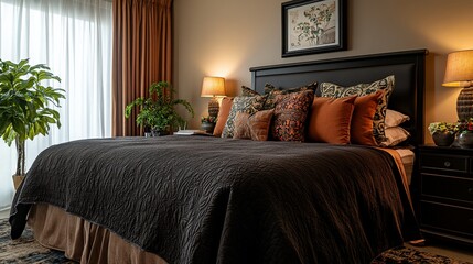 Luxurious bedroom, king-size bed, sunset view, interior design, home decor