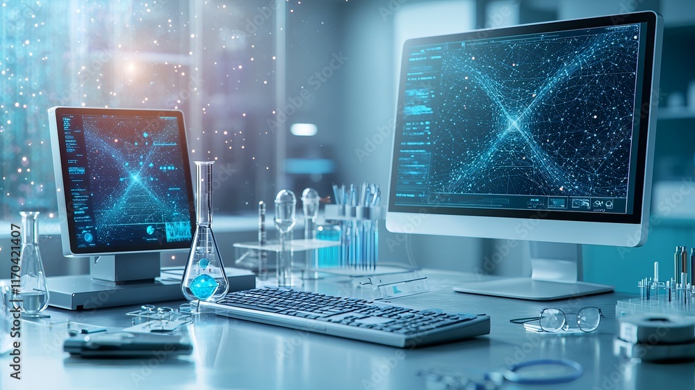 Poster futuristic laboratory environment with quantum sensors mapping out gravitational waves combined with