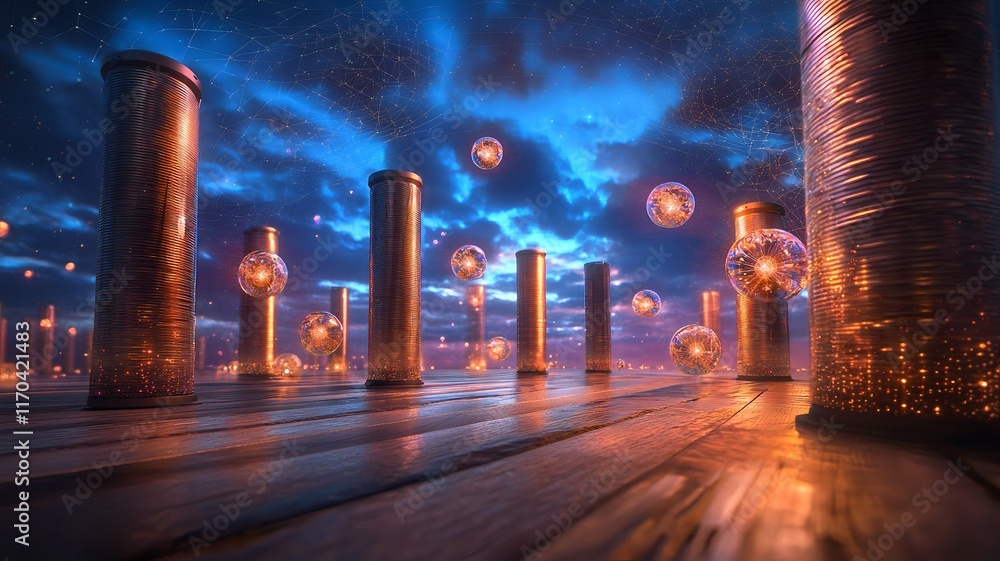 Poster highly detailed view of advanced trapped ion quantum computing systems surrounded by holographic rep