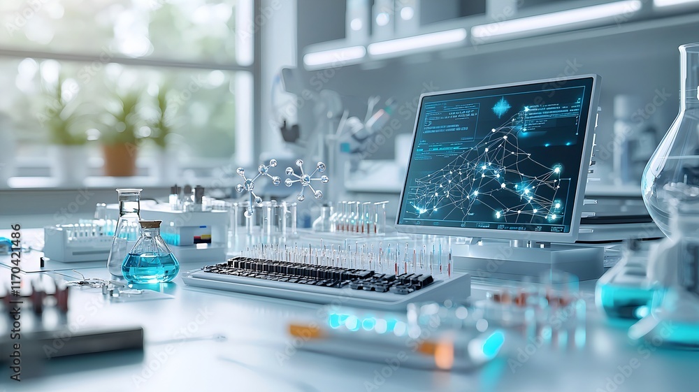 Poster futuristic laboratory environment with quantum sensors mapping out gravitational waves combined with