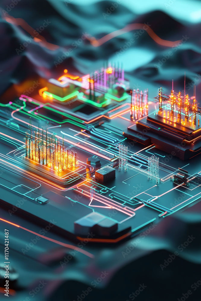 Poster an energy sector 3d map showcasing power grids and interconnected gis data.