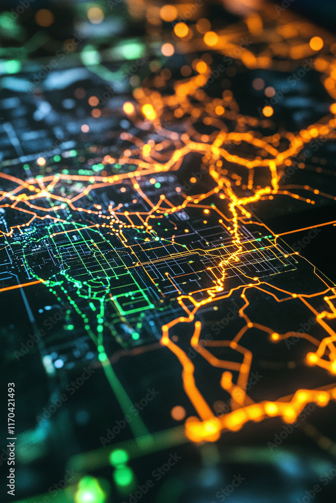 Poster an energy sector 3d map showcasing power grids and interconnected gis data.