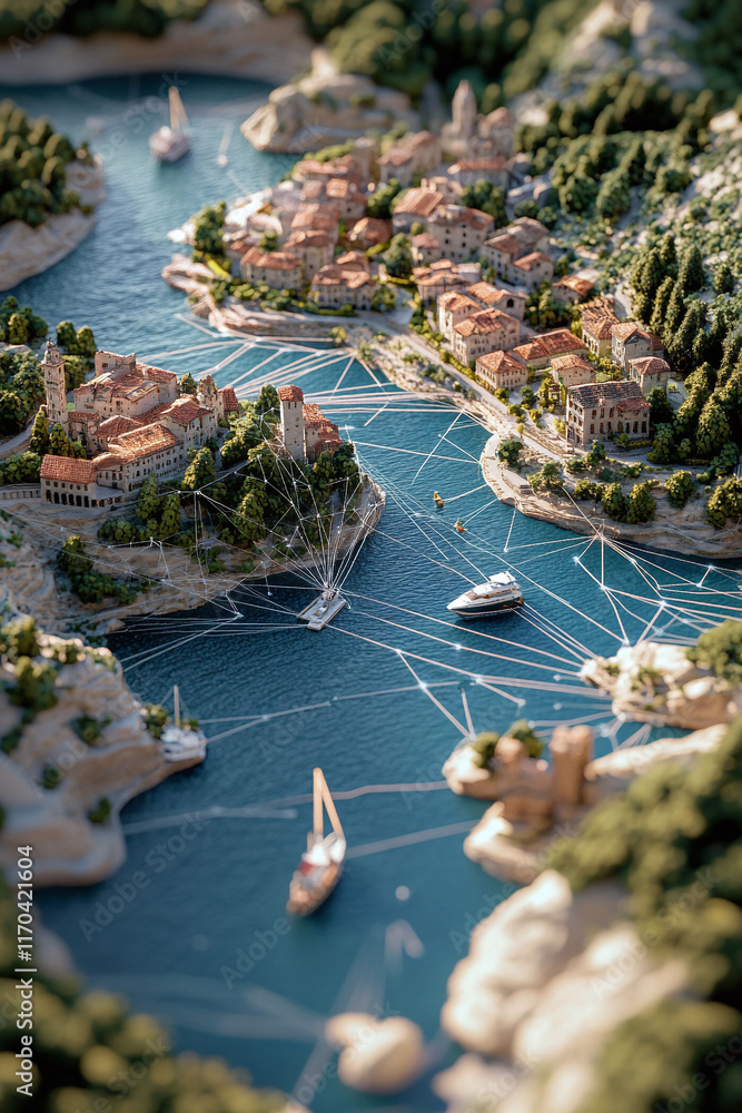 Poster an interactive-looking 3d map illustrating tourism hotspots with connected gis lines.