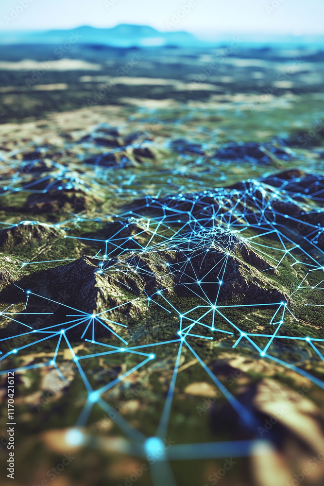 Poster an interactive-looking 3d map illustrating tourism hotspots with connected gis lines.