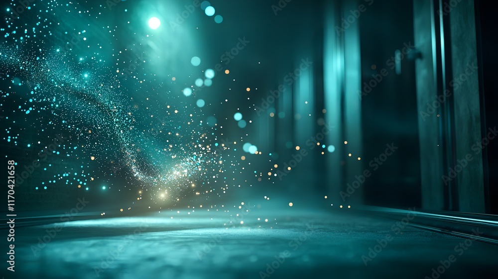 Poster glowing quantum particles transferring digital information in a dynamic visualization of quantum tel
