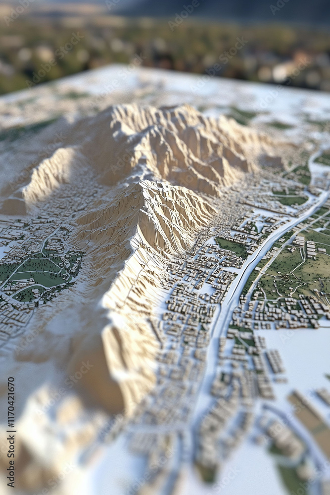 Poster an interactive 3d terrain map showing urban sprawl and gis transport links.
