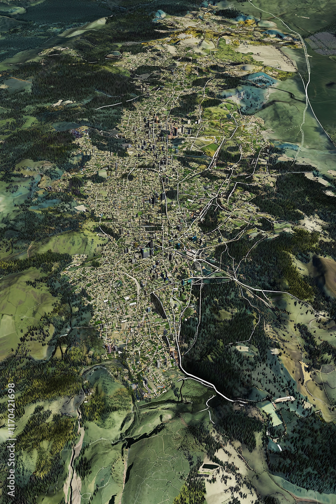 Poster an interactive 3d terrain map showing urban sprawl and gis transport links.