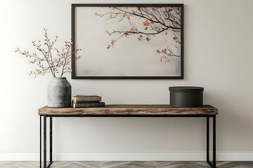 rustic picture frame mockup hanging above modern console table
