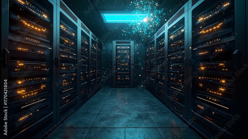 Poster futuristic of quantum cloud computing technology with virtual quantum servers glowing and streaming 