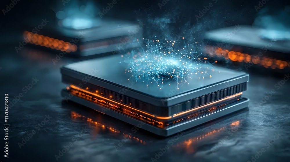 Poster futuristic digital depicting quantum cloud computing infrastructure with glowing servers and streami