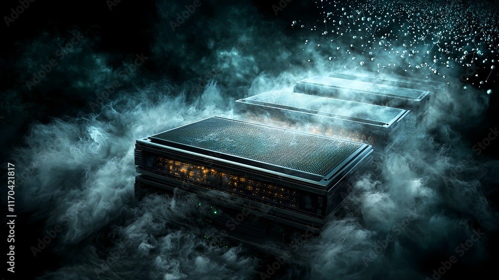 Poster futuristic quantum cloud computing concept with glowing virtual particles streaming through a digita