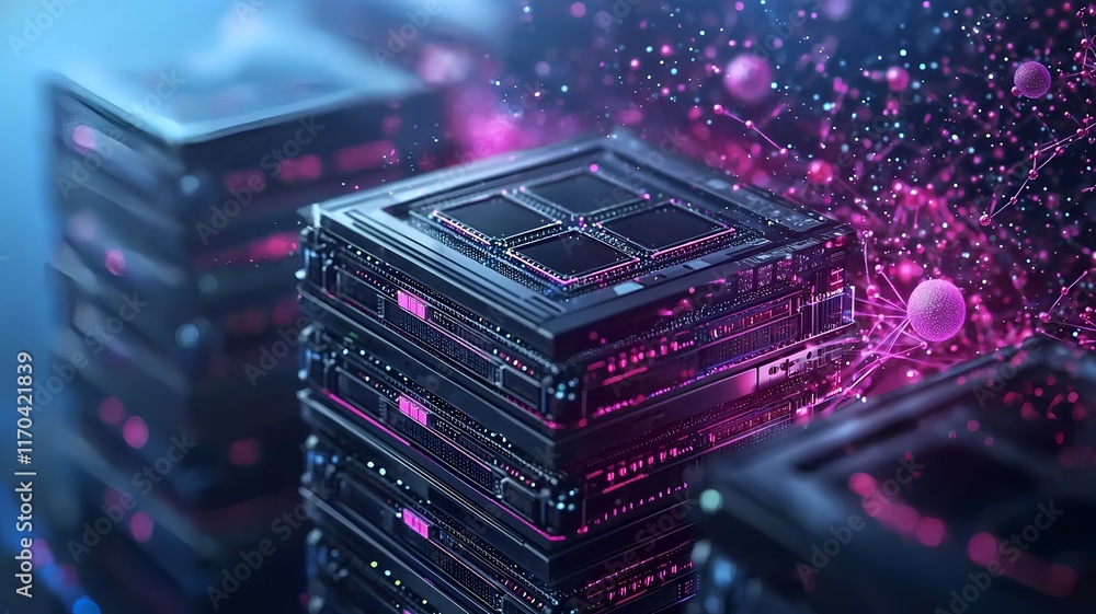 Poster a futuristic representation of quantum cloud computing with quantum servers glowing and streaming vi