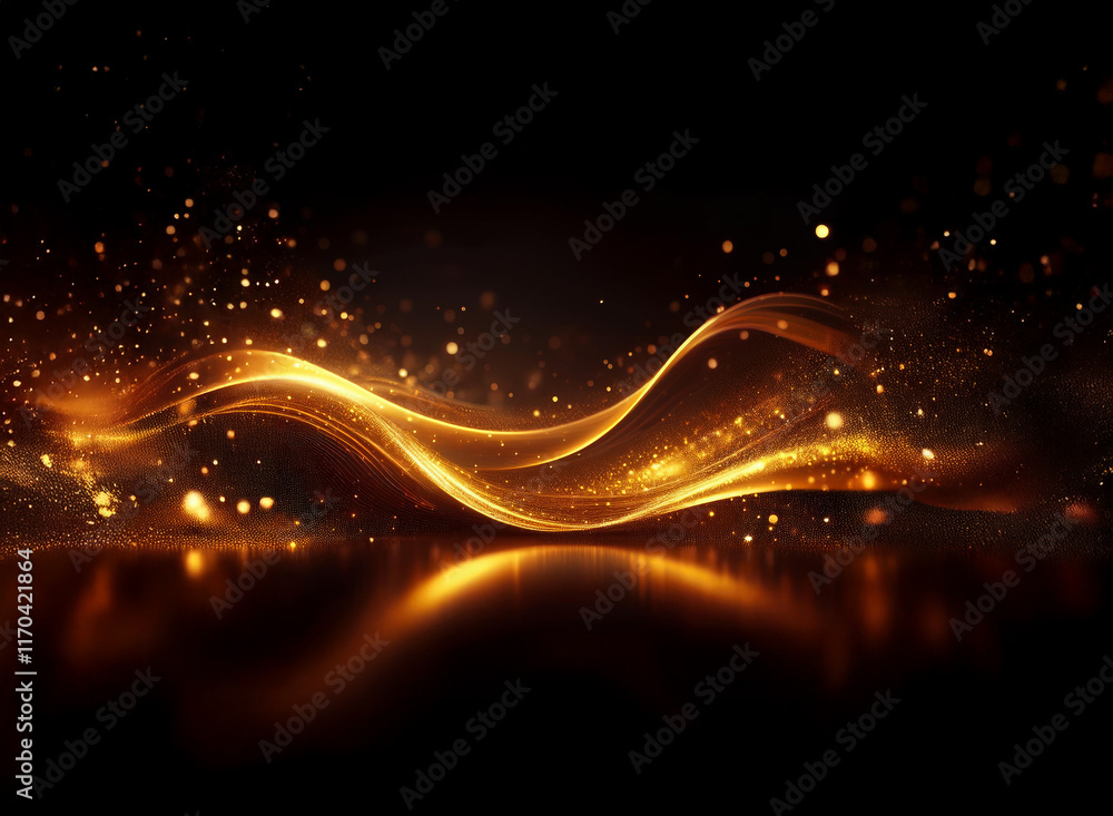 Poster golden, glowing wave of light particles flows across a dark background, reflecting on a shiny surfac