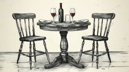 Romantic dinner for two, wine, table, chairs, food, plates.