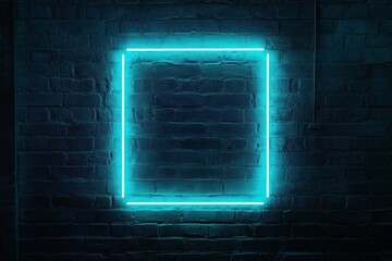 A glowing turquoise neon frame against a dark brick wall background with copy space