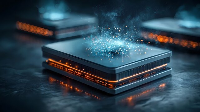 Futuristic digital depicting quantum cloud computing infrastructure with glowing servers and streaming virtual particles leaving copy space at the top right for text overlay