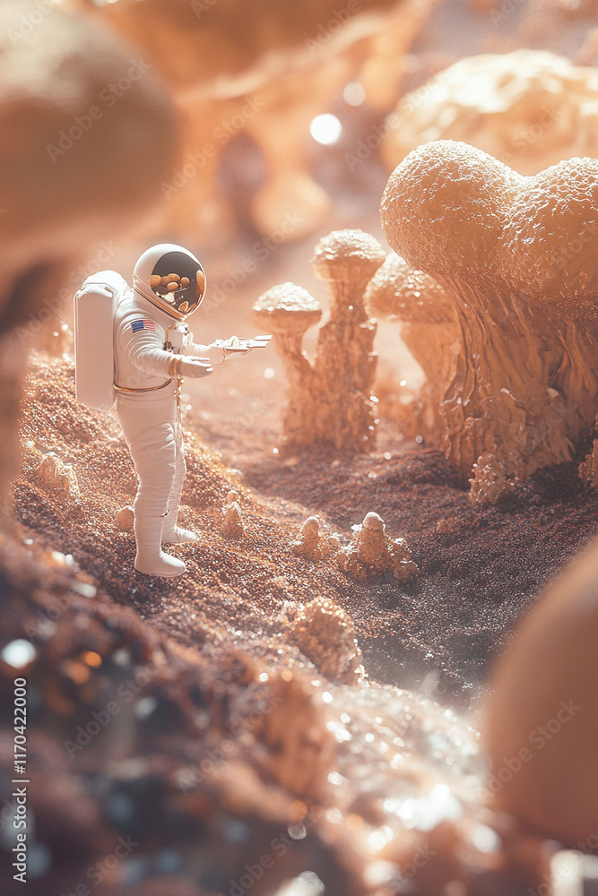Poster astronauts mapping the surface of a new planet filled with unique geological formations. humanity's 