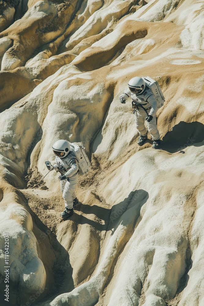 Poster astronauts mapping the surface of a new planet filled with unique geological formations. humanity's 