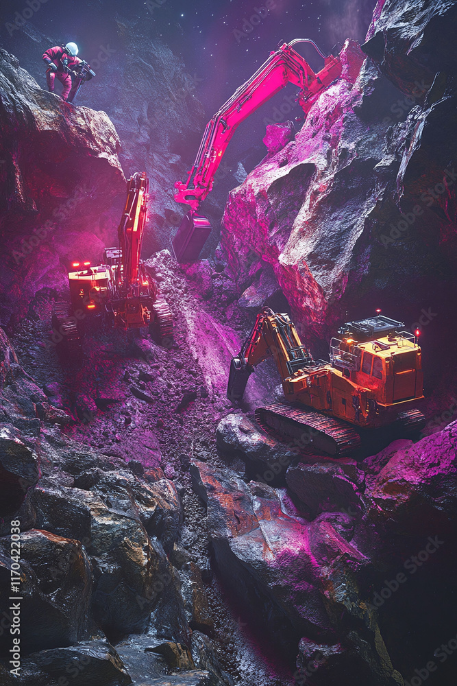 Poster astronauts mining resources on an asteroid in deep space using cutting-edge machinery. humanity's ex
