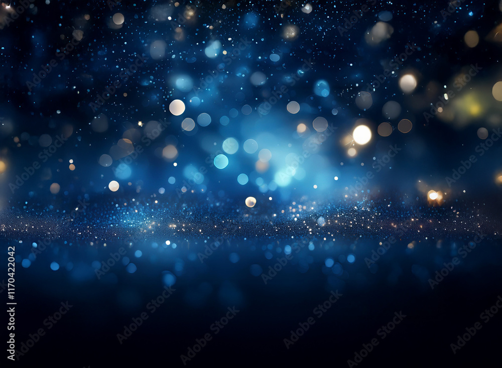 Poster a mesmerizing display of blue and gold bokeh lights, creating a sparkling, ethereal glow against a d