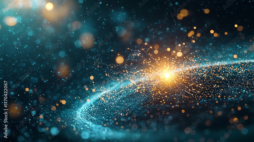 Poster Glowing quantum key distribution systems visualized with shimmering beams securing encrypted data transfer leaving copy space on the bottom right for text overlay