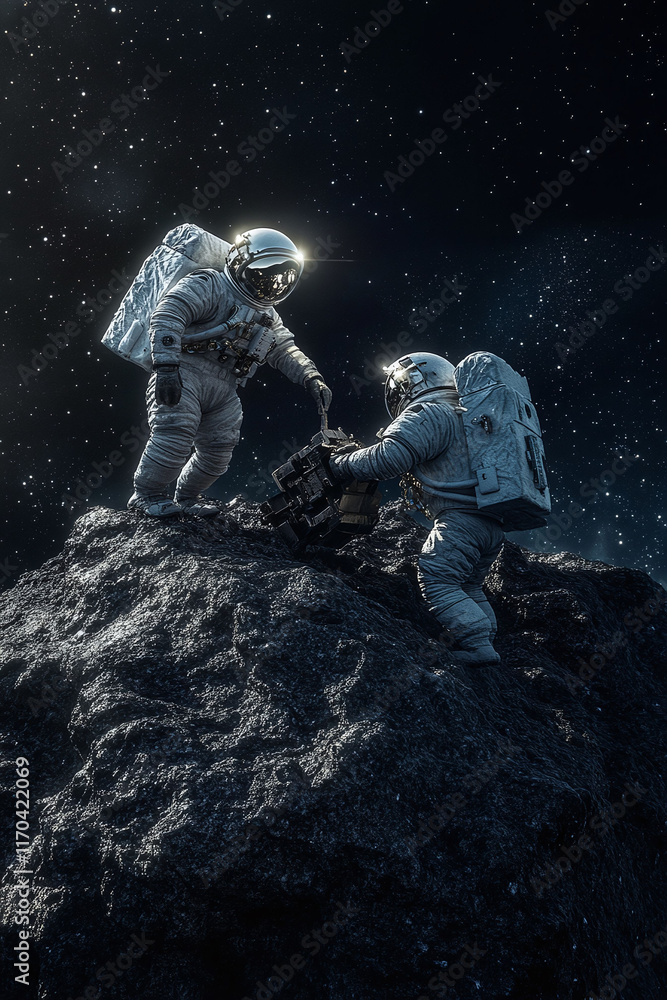 Poster astronauts mining resources on an asteroid in deep space using cutting-edge machinery. humanity's ex